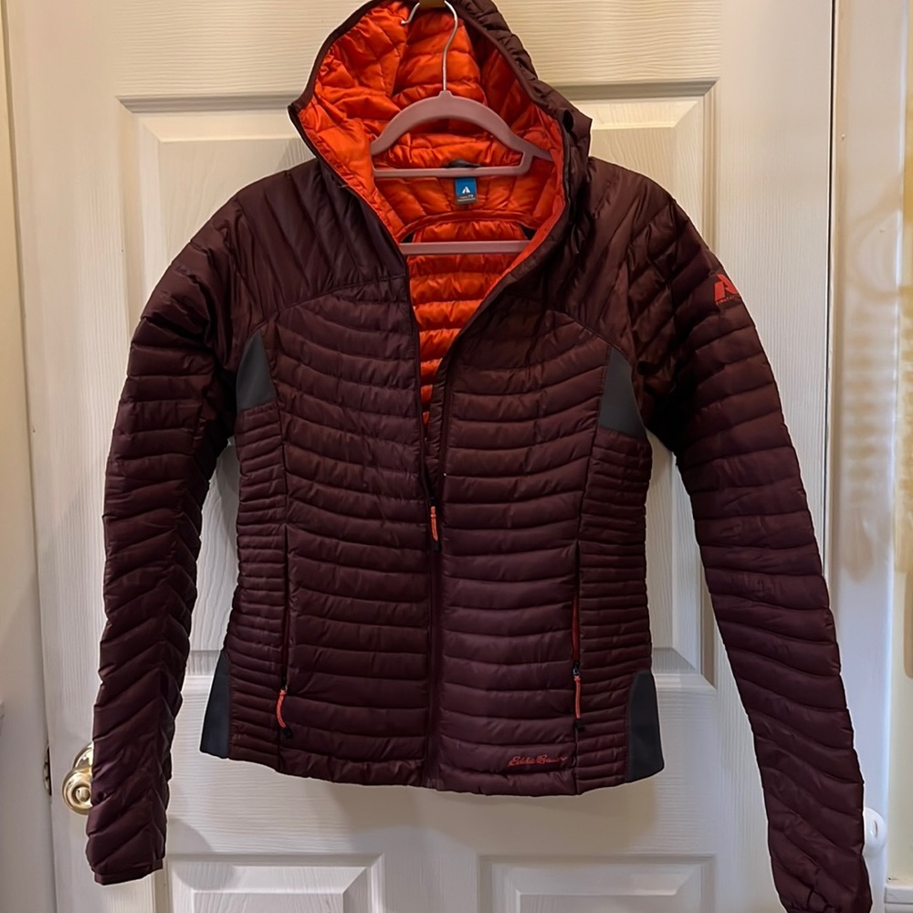 Maroon tall small down puffer first ascent